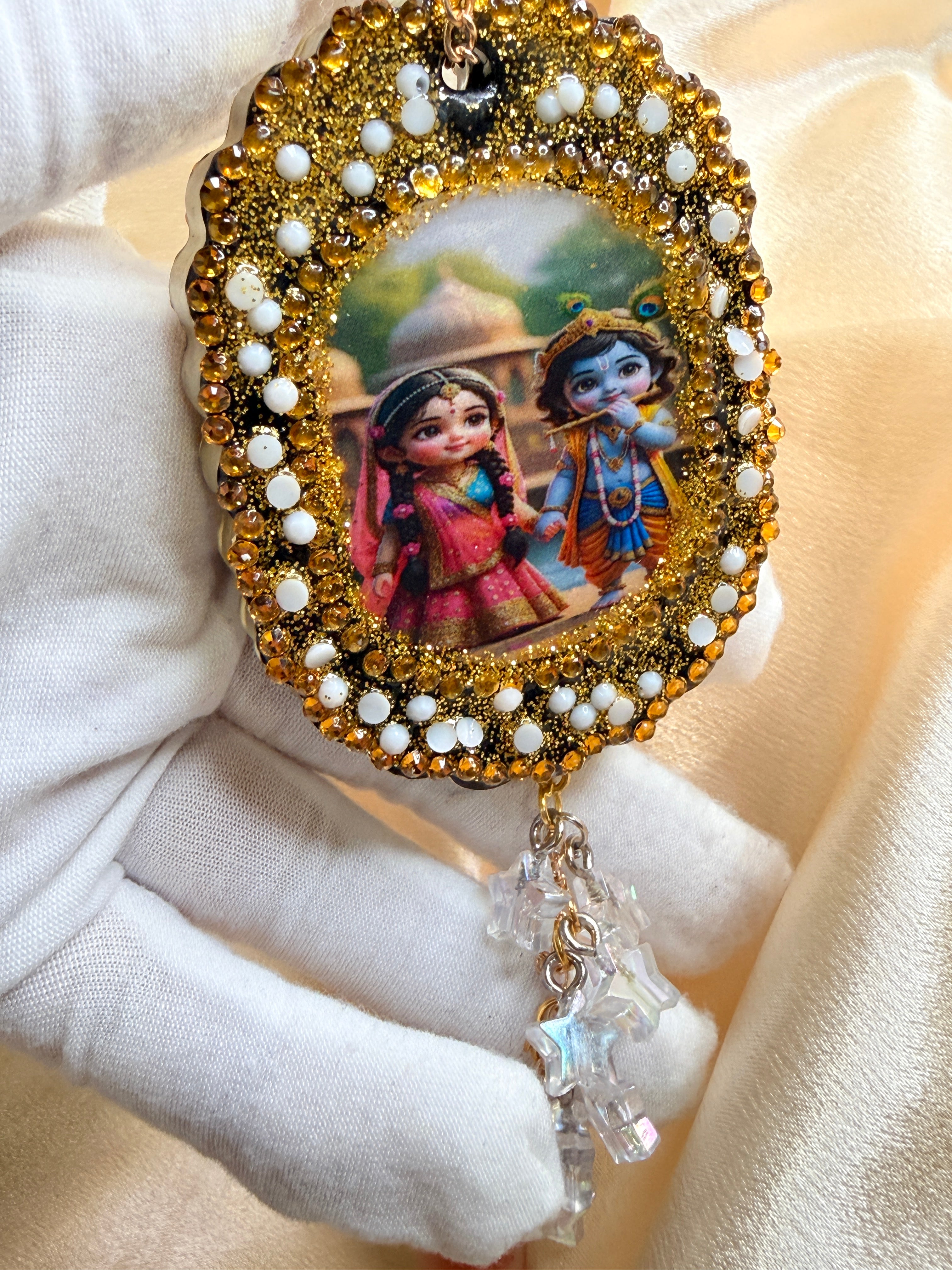 Handmade set of 2 Radhe Radhe Resin Decor with Crystal Flowers (Copy)
