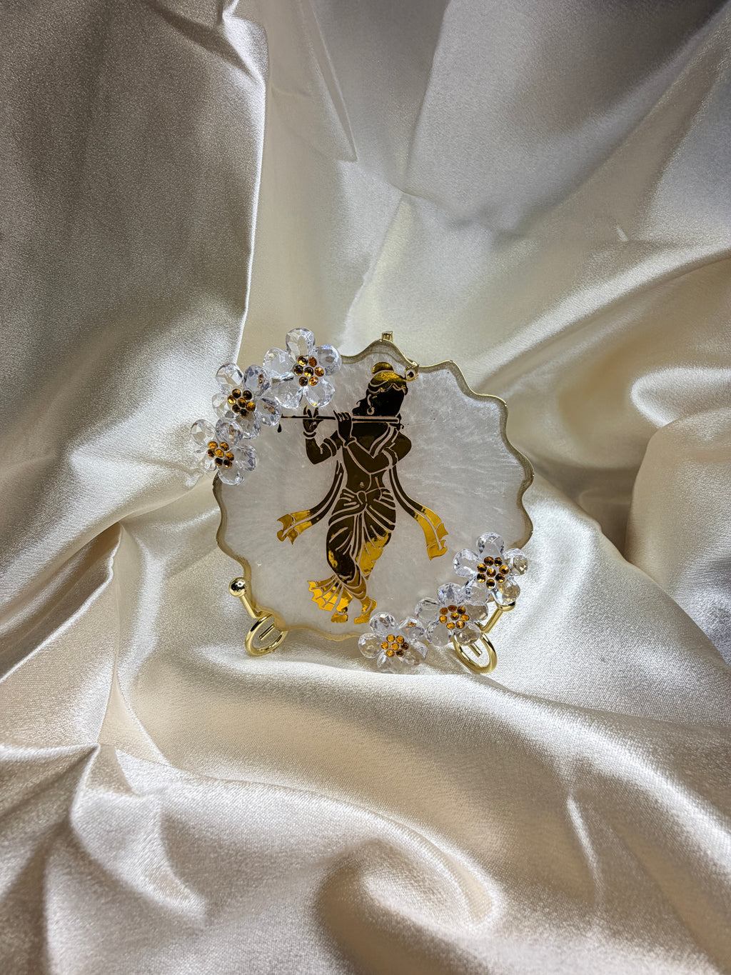 Handmade Krishna Resin Decor with Crystal Flowers
