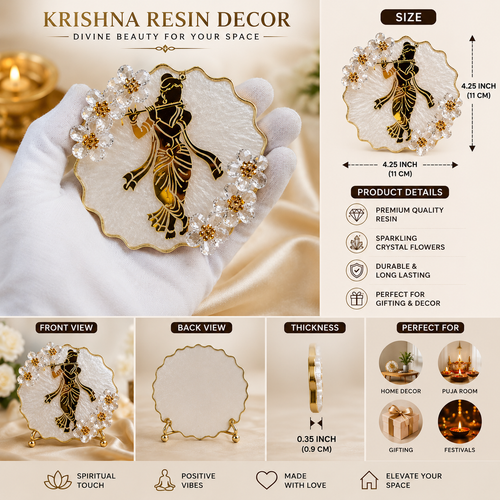 Handmade Krishna Resin Decor with Crystal Flowers