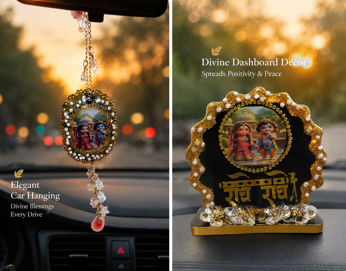 Handmade set of 2 Radhe Radhe Resin Decor with Crystal Flowers (Copy)