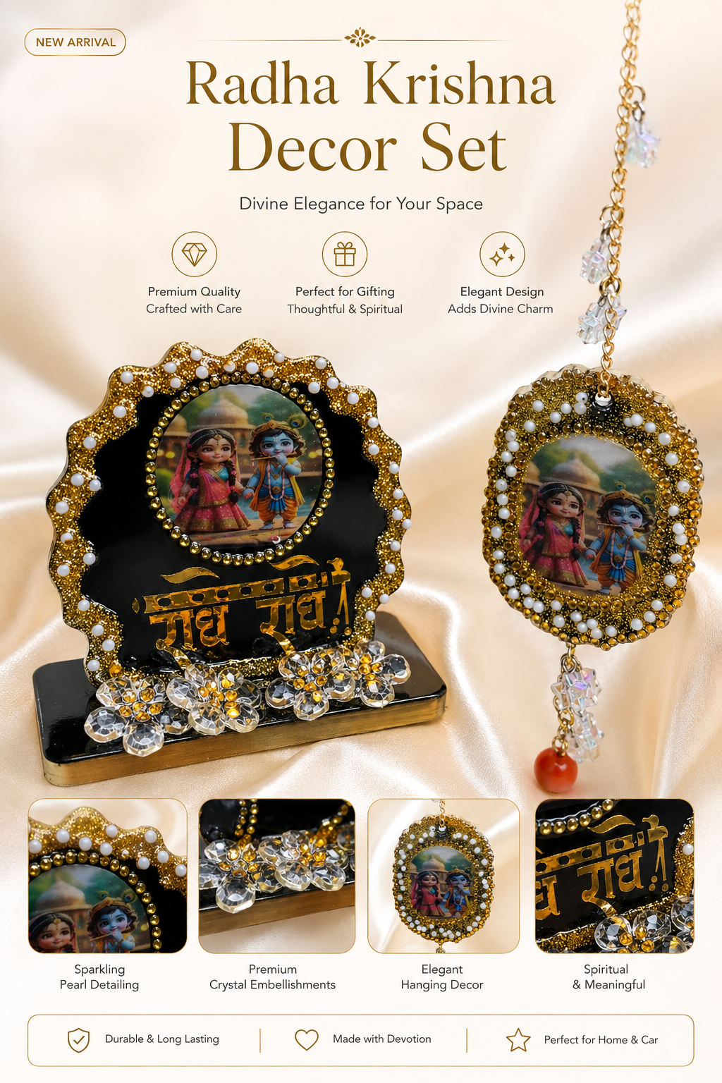 Handmade set of 2 Radhe Radhe Resin Decor with Crystal Flowers (Copy)
